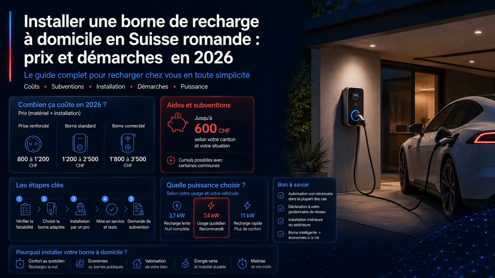 Infographie des prix d'installation d'une borne de recharge à domicile en Suisse romande en 2026 : prise renforcée, borne standard, borne connectée et subventions