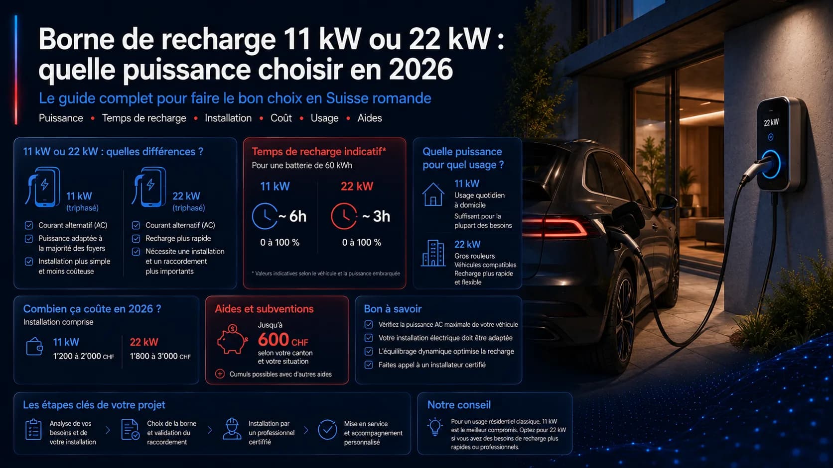 Infographie comparant borne de recharge 11 kW et 22 kW : temps de recharge, coûts, usages et aides en Suisse romande