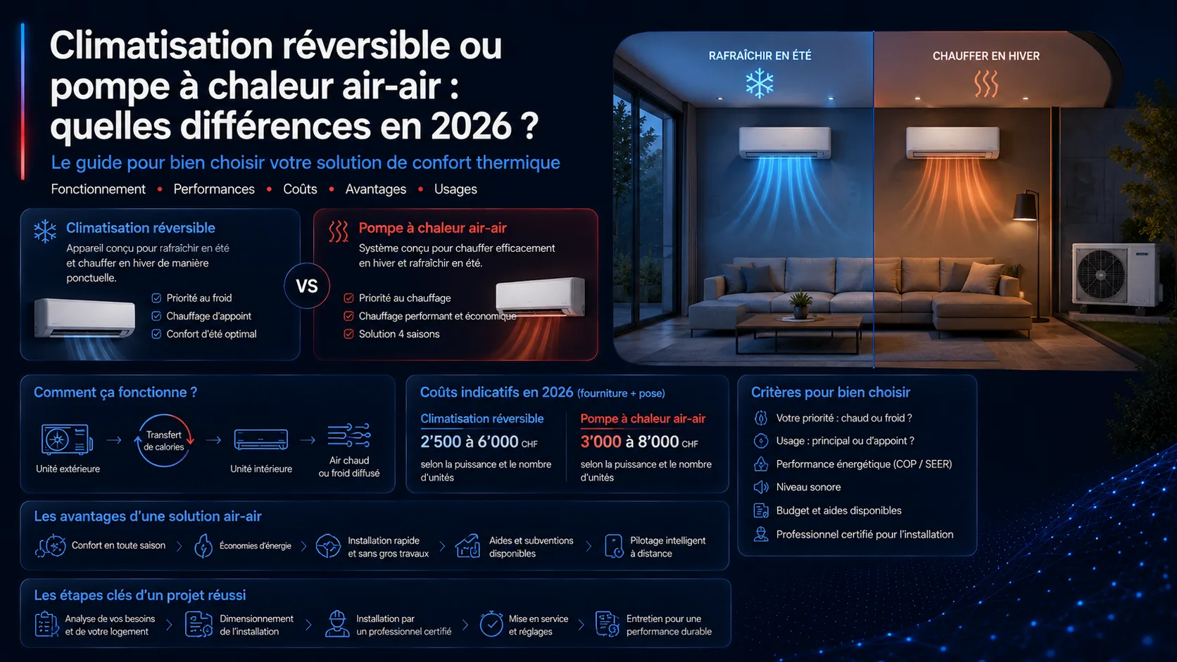 Infographie comparant climatisation réversible et pompe à chaleur air-air : fonctionnement, coûts et critères de choix