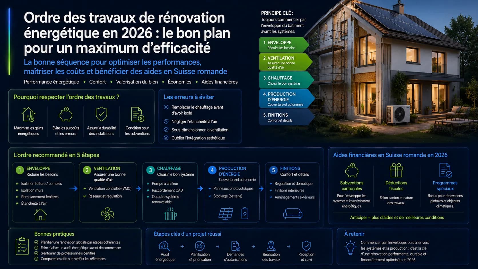 Infographie de l'ordre des travaux de rénovation énergétique 2026 : enveloppe, ventilation, chauffage, production d'énergie, finitions et aides financières