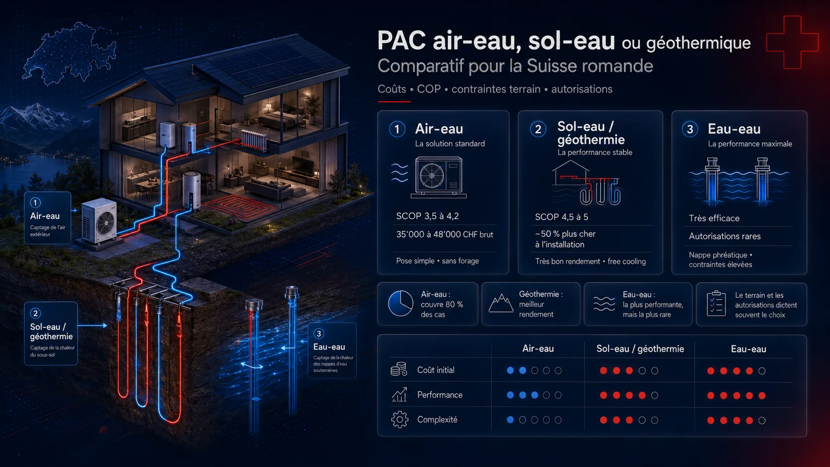 Infographie comparant PAC air-eau, sol-eau/géothermique et eau-eau : coûts, SCOP et contraintes de terrain en Suisse romande