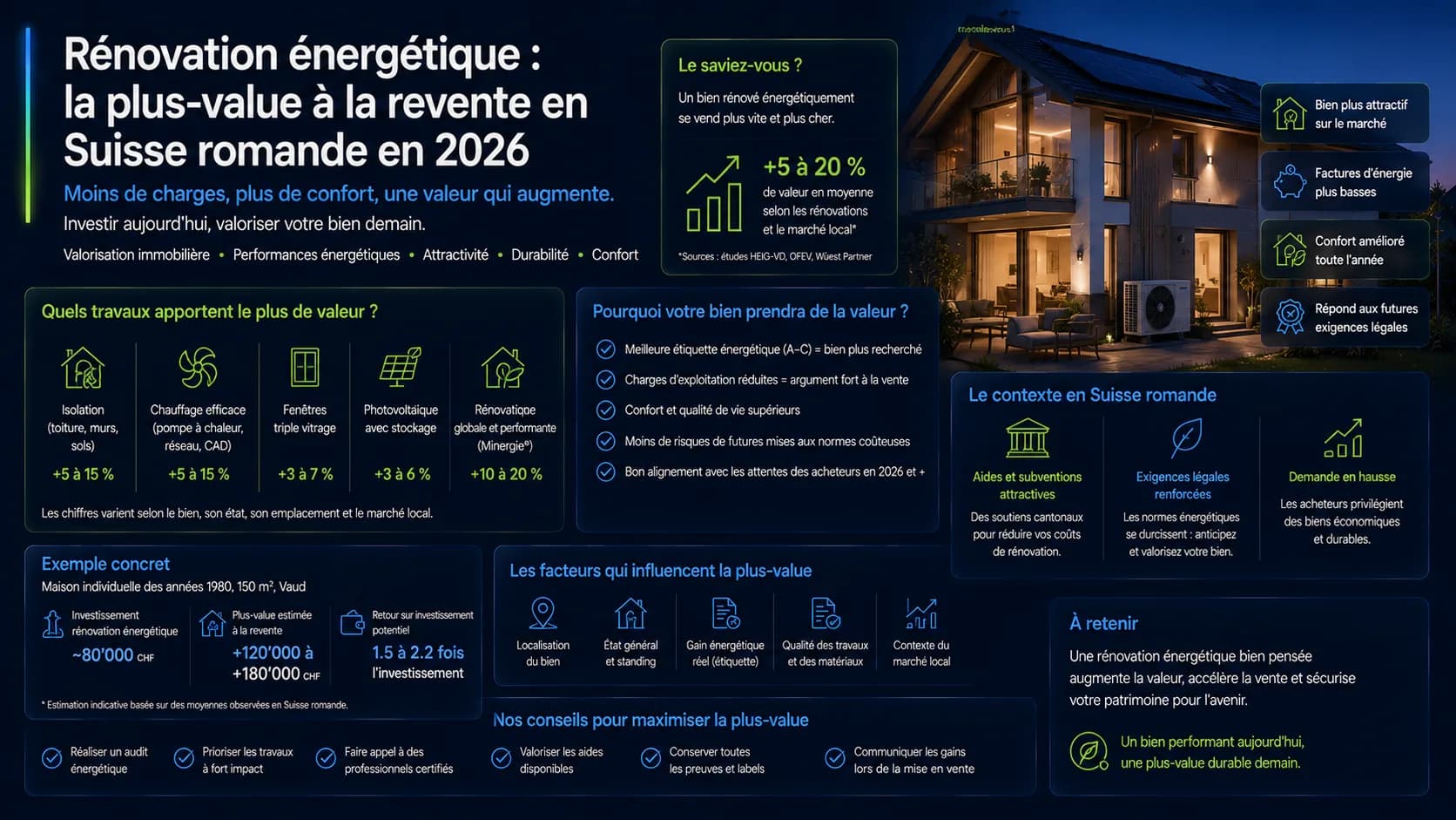 Infographie de la plus-value à la revente d'un bien rénové énergétiquement en Suisse romande : travaux à plus forte valeur, exemple chiffré et facteurs clés