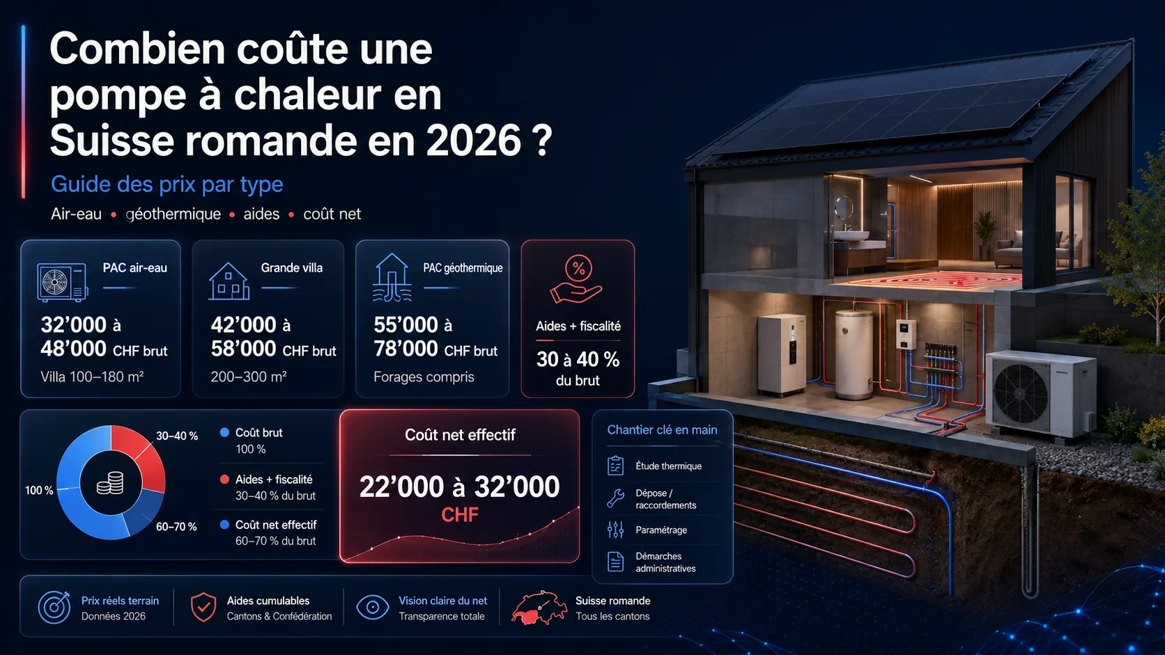 Infographie des prix d'une pompe à chaleur en Suisse romande en 2026 : PAC air-eau, grande villa, géothermique, aides et coût net effectif