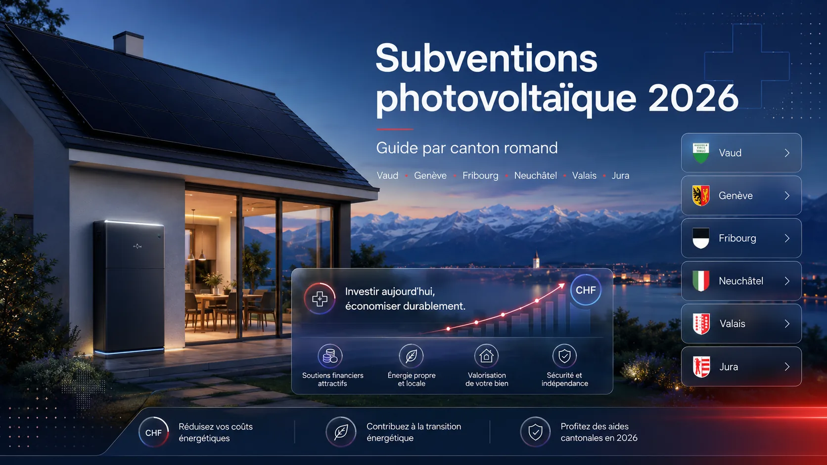 Infographie des subventions photovoltaïque par canton romand en 2026 : Vaud, Genève, Fribourg, Neuchâtel, Valais, Jura